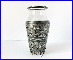 Antique Sterling Silver Lined Vase with Glass Floral Rose Pattern Marked 1920's