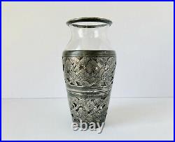 Antique Sterling Silver Lined Vase with Glass Floral Rose Pattern Marked 1920's