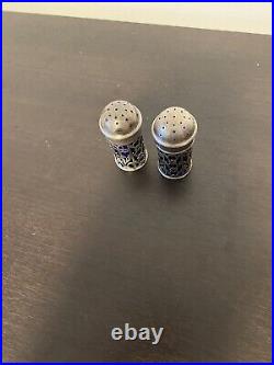 Antique Sterling Silver Pair of Ornate Salt & Pepper Shakers Cobalt Glass Marked