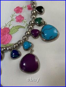Antique Sterling Silver /w Turquoise Lapis Malachite 110g Necklace Marked Rare