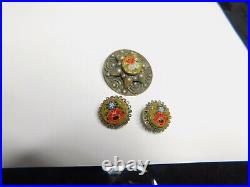 Antique Un Marked Sterling Silver Micro Mosaic Flower Earring Brooch Set Vintage