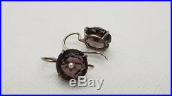 Antique Victorian Amethyst Glass Real Pearl Star Sterling Silver Marked Earrings