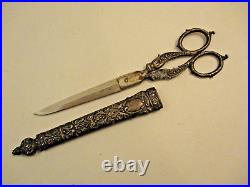 Antique Victorian Ornate Sterling Silver 10 Scissors with Sheath Marked SA