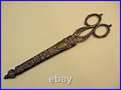 Antique Victorian Ornate Sterling Silver 10 Scissors with Sheath Marked SA