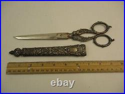 Antique Victorian Ornate Sterling Silver 10 Scissors with Sheath Marked SA