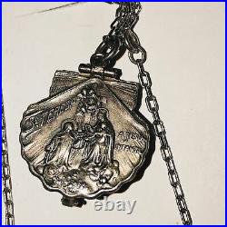 Antique Victorian Sterling Silver Shell Locket Jesus Mary St Teresa Medal Chain