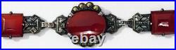 Antique Vintage Marked Sterling Silver Marcasite Carnelian Bracelet 7-1/2