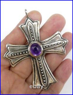 Antique marked VLS heavy sterling silver & amethyst cabochon large cross pendant