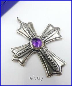 Antique marked VLS heavy sterling silver & amethyst cabochon large cross pendant