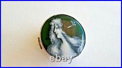 Antique sterling silver & enamel portrait Pill Box. French Marked and Signed