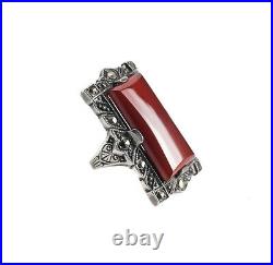 Art Deco Sterling Silver Marcasite Carnelian Ring. Marked Sterling, Size 4.25