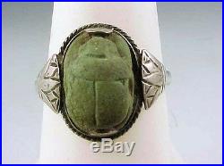 Art Nouveau Green Sandstone Scareb Ring Size 8 Sterling Silver Egyptian Marks