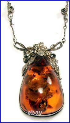 Art Nouveau Huge Baltic Amber Sterling Silver Roses Necklace 47.2 gms 7/8 Thick