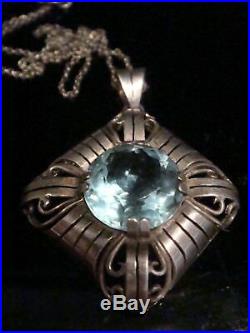 Art Nouveau Sterling Silver Blue Zircon Paste Drop Necklace Marked 830