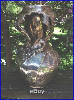 Art Nouveau Sterling Silver Overlay Pottery 9 Vase Depose Marked