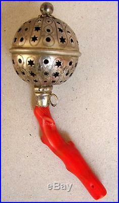 Beautiful Antique 19th Cent. SILVER and RED CORAL RATTLE Germany mark 800 J&C