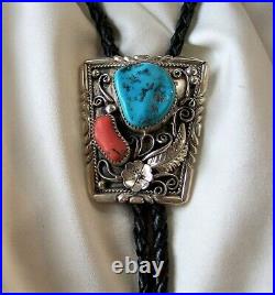 Beautiful marked sterling silver JW Navajo turquoise coral bolo tie 2 x 1 3/4