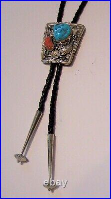 Beautiful marked sterling silver JW Navajo turquoise coral bolo tie 2 x 1 3/4