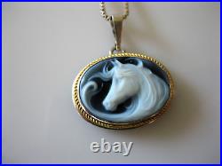 Blue Horse Carved Cameo Sterling Silver Pendant Marked 925 NA 599 Necklace