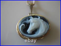 Blue Horse Carved Cameo Sterling Silver Pendant Marked 925 NA 599 Necklace