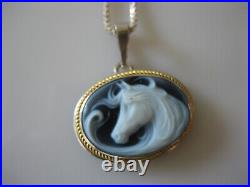 Blue Horse Carved Cameo Sterling Silver Pendant Marked 925 NA 599 Necklace