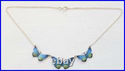 Blue, Yellow & Lime Green Enamel 3 Butterfly Sterling Silver Necklace Marked