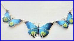 Blue, Yellow & Lime Green Enamel 3 Butterfly Sterling Silver Necklace Marked