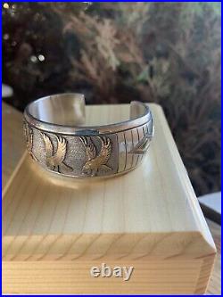 Bracelet Cuff Sterling Silver & Gold Overlay EAGLES Navajo Mark Yazzie