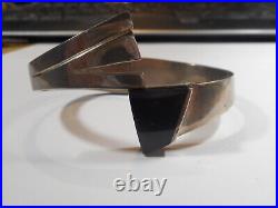 Bracelet Onyx Sterling Silver Mexico Modernist Heavy Big Wide Clamp Signed Old