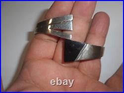 Bracelet Onyx Sterling Silver Mexico Modernist Heavy Big Wide Clamp Signed Old