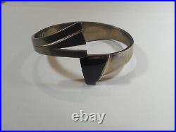 Bracelet Onyx Sterling Silver Mexico Modernist Heavy Big Wide Clamp Signed Old