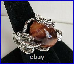 Brutalist Sterling Silver Ring withAgate Awesome Brutalist Ring 13.5g Sz 7 Signed