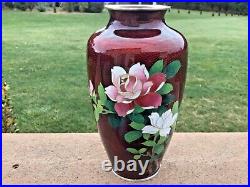 CLOISONNÉ Vase Marked Sterling Silver Maroon Floral 7 1/4 Japanese Fine Enamel