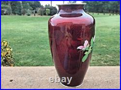 CLOISONNÉ Vase Marked Sterling Silver Maroon Floral 7 1/4 Japanese Fine Enamel