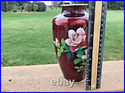 CLOISONNÉ Vase Marked Sterling Silver Maroon Floral 7 1/4 Japanese Fine Enamel