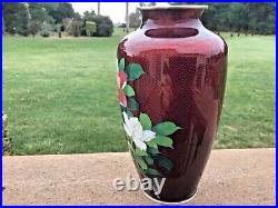 CLOISONNÉ Vase Marked Sterling Silver Maroon Floral 7 1/4 Tall Japanese