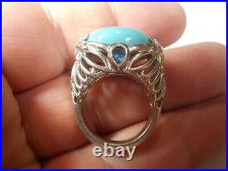Chinese 5CT Sleeping Beauty Turquoise & Blue Topaz Sterling Cocktail Ring Size 6