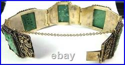 Chinese Export Green Jade Link Panel GILT FILIGREE Bracelet Marked China Silver