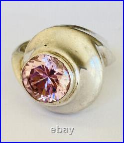 Chunky Vintage Marked Sterling Silver Pink Topaz Solitaire Ring Size 8