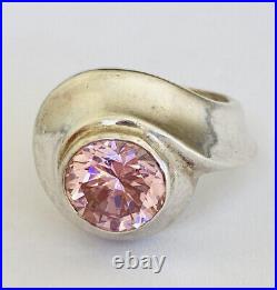 Chunky Vintage Marked Sterling Silver Pink Topaz Solitaire Ring Size 8