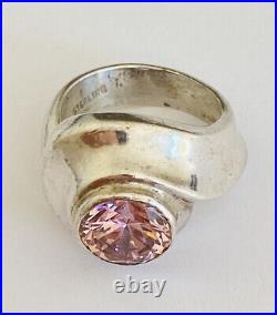 Chunky Vintage Marked Sterling Silver Pink Topaz Solitaire Ring Size 8