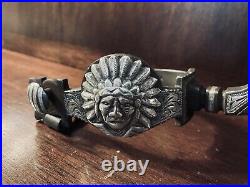 Classic Handmade Sterling Silver Inlay Chief Motif Single Mounted Spurs Marked