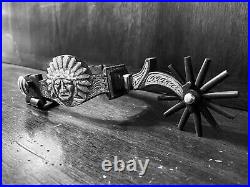 Classic Handmade Sterling Silver Inlay Chief Motif Single Mounted Spurs Marked