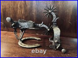 Classic Handmade Sterling Silver Inlay Spurs Single Mounted Maker Marked