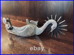 Classic Handmade Sterling Silver Inlay Swan Motif Single Mounted Spurs Marked