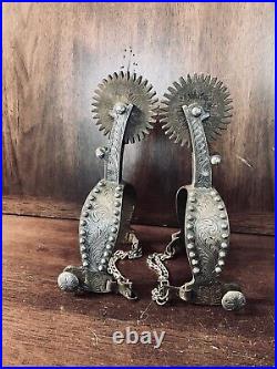 Classic Handmade Sterling Silver Overlay Large Rowel Single Mounted Spurs Marked