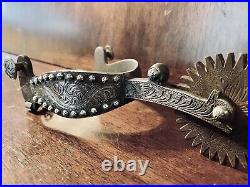 Classic Handmade Sterling Silver Overlay Large Rowel Single Mounted Spurs Marked