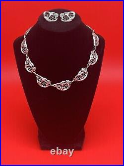 Danecraft Art Deco Sterling Silver Heavy Floral Filigree Necklace 16 & Earrings