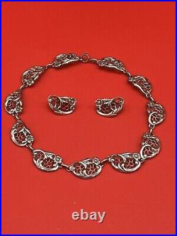 Danecraft Art Deco Sterling Silver Heavy Floral Filigree Necklace 16 & Earrings