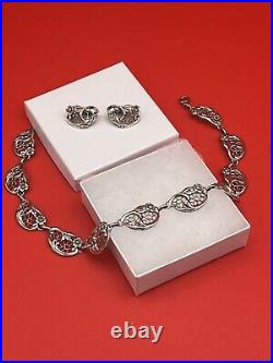 Danecraft Art Deco Sterling Silver Heavy Floral Filigree Necklace 16 & Earrings